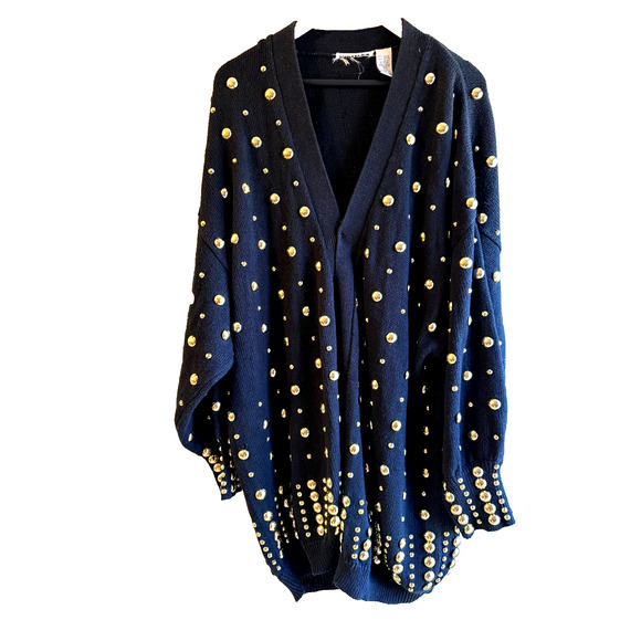 Vintage statement Black & Gold open festive Cardigan Fully Embellished stud 3X - Picture 3 of 8